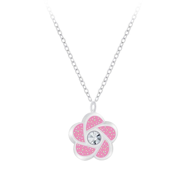 Children's Sterling Silver 'Pink Glitter Flower'Pendant Necklace