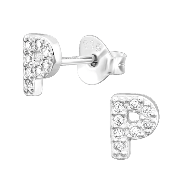 Children's Sterling Silver 'Letter P' Crystal Stud Earrings