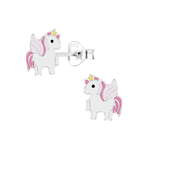 Children's Sterling Silver 'White and Pink Winged Unicorn' Stud Earrings