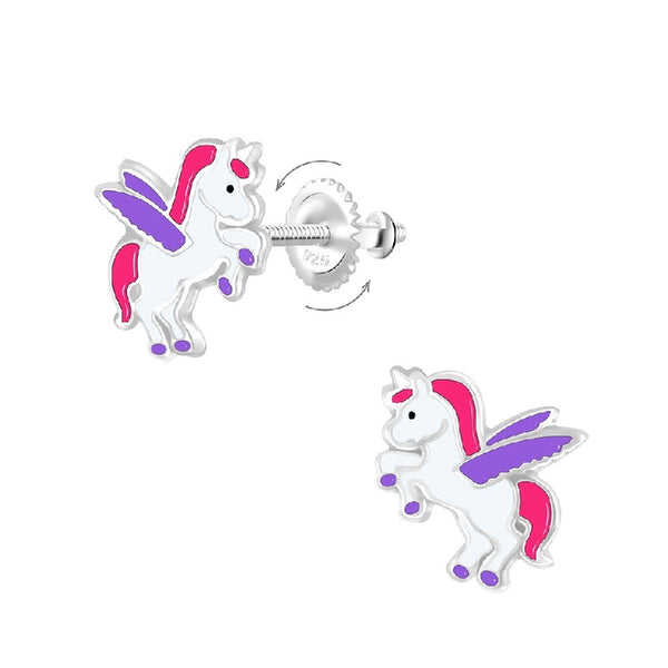 Children's Sterling Silver 'Winged Unicorn' Screw Back Stud Earrings
