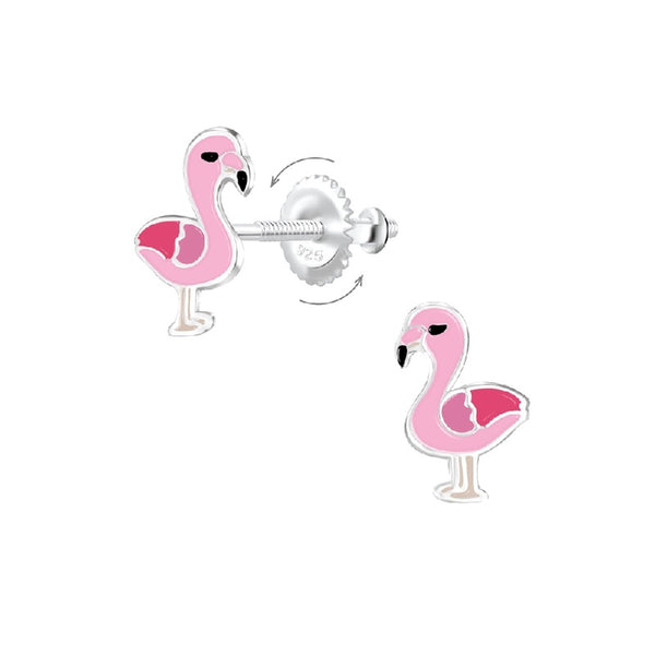 Children's Sterling Silver Flamingo Screw Back Stud Earrings