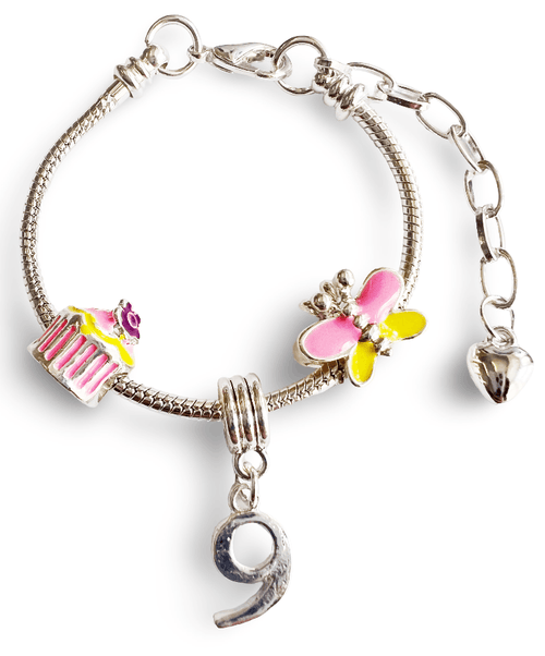 Children's Adjustable 'Happy Birthday To You - Age 9' Silver Plated Charm Bead Bracelet