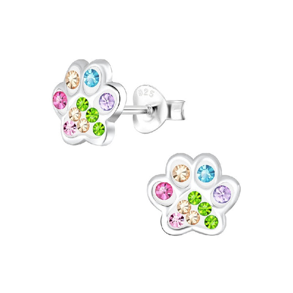 Children's Sterling Silver 'Multicoloured Sparkle Paw' Crystal Stud Earrings