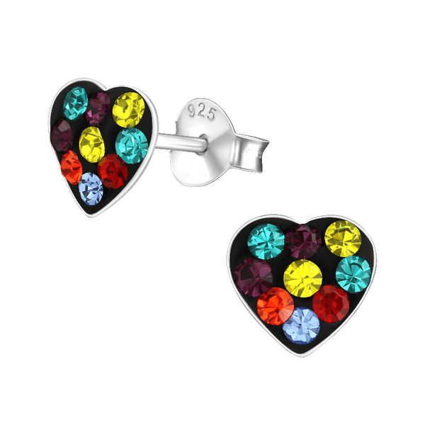 Children's Sterling Silver 'Black and Multicoloured Crystal Heart' Stud Earrings