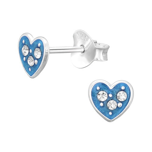 Children's Sterling Silver 'Blue Sparkle Heart' Crystal Stud Earrings