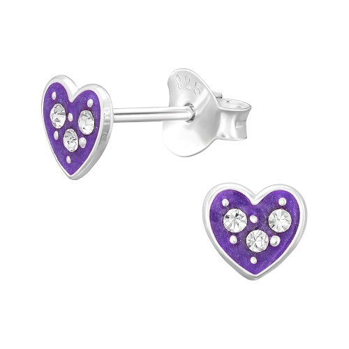 Children's Sterling Silver 'Purple Sparkle Heart' Crystal Stud Earrings