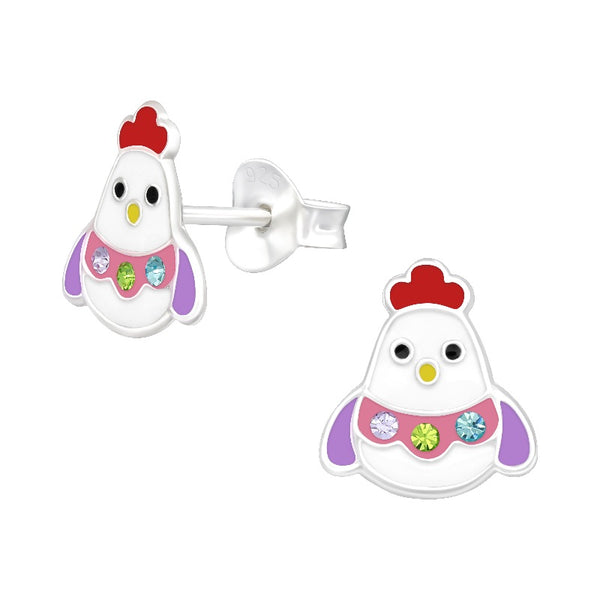 Children's Sterling Silver Hen Crystal Stud Earrings