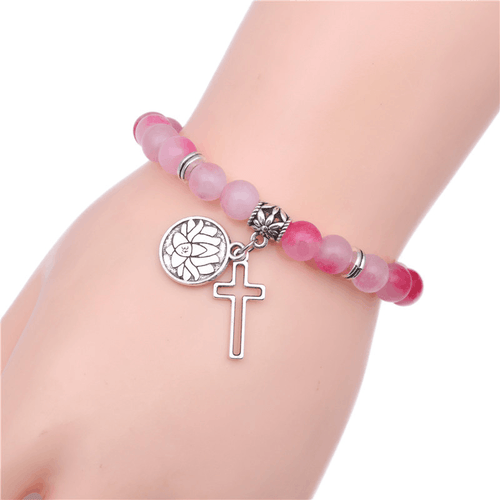 Adult's/Teenager's 'Pink Natural Agate' Beaded Yoga Stretch Bracelet with Lotus and Cross Pendant