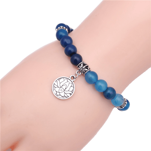 Adult's/Teenager's 'Blue Natural Agate' Beaded Yoga Stretch Bracelet with Lotus Pendant