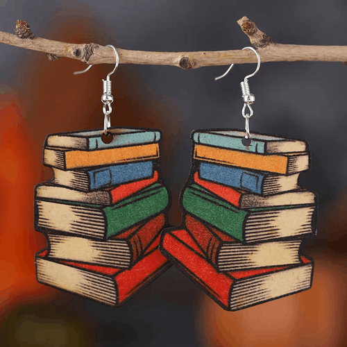 Adult's Wooden 'Stack of Books' Drop Earrings - Teacher Gift