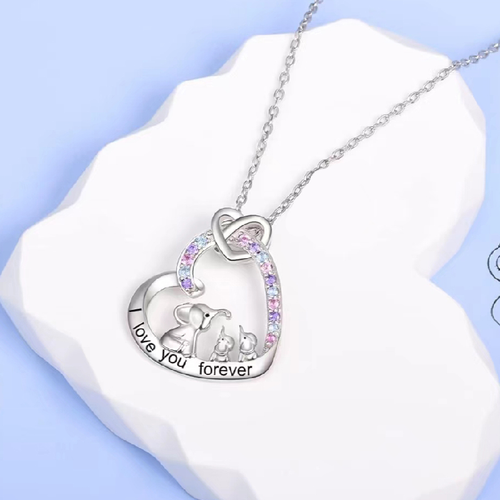 Adult/Teenager 'Mother and Baby Elephants' Crystal Heart Pendant Necklace