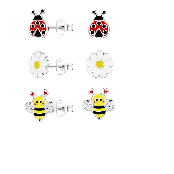 Children's Sterling Silver Set of 3 Pairs of Summer Garden Themed Stud Earrings