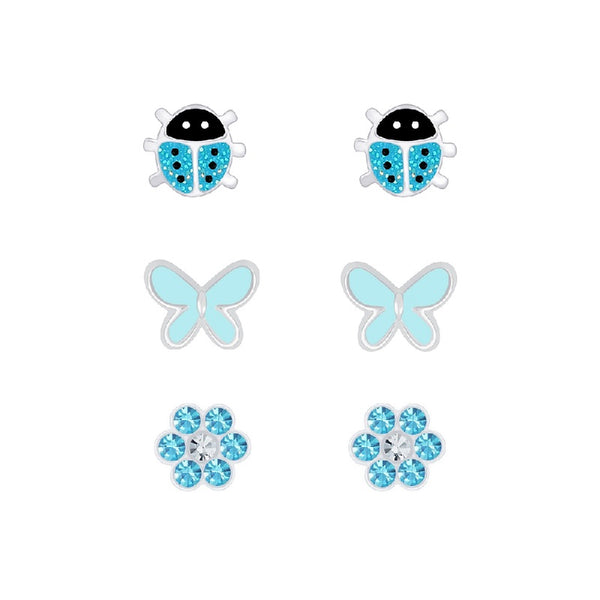 Children's Sterling Silver Set of 3 Pairs of Blue Themed Stud Earrings