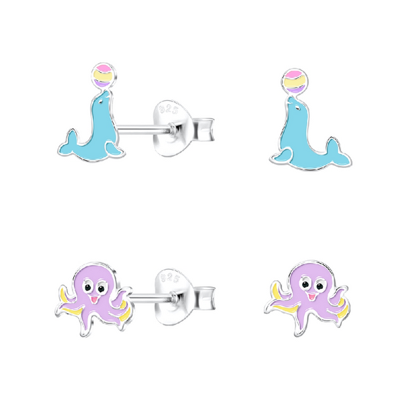 Children's Sterling Silver Set of 2 Pairs of Sealion and Octopus Stud Earrings