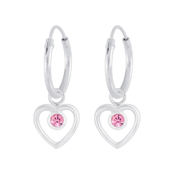 Children's Sterling Silver 'Heart with Pink Crystal' Hoop Earrings