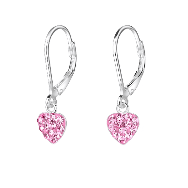 Children's Sterling Silver 'Pink Sparkle Heart' Crystal Lever Back Earrings