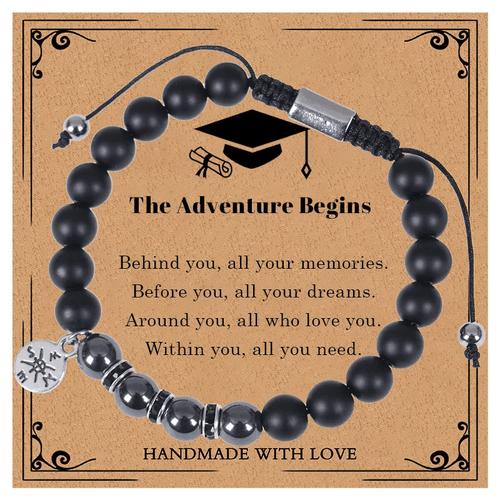 Graduation 'The Adventure Begins' Natural Black Stone Drawstring Bracelet