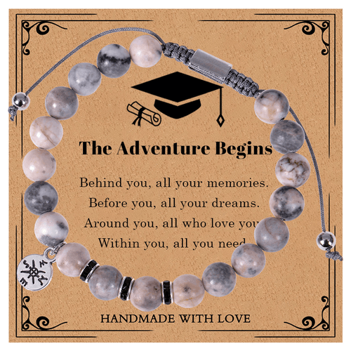 Graduation 'The Adventure Begins' Natural Pink Zebra Stone Drawstring Bracelet