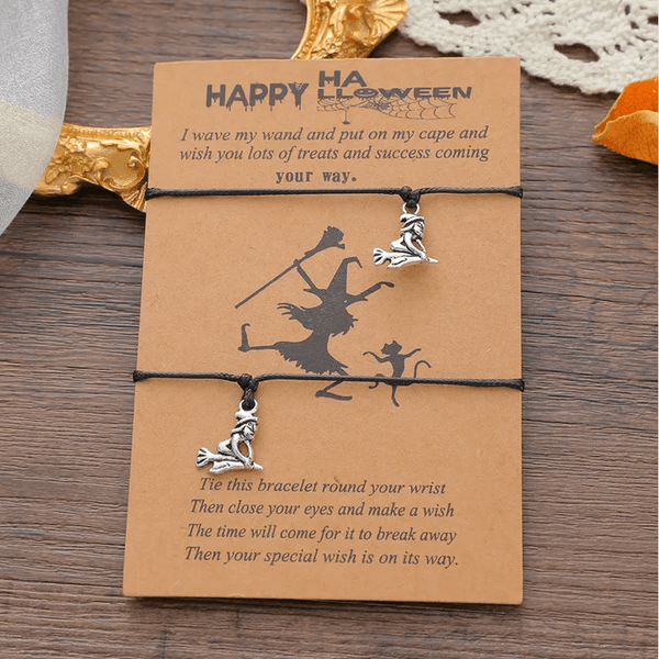 Adjustable Set of 2 'Halloween Witch' Friendship / Wish Bracelets with Presentation Card - Black