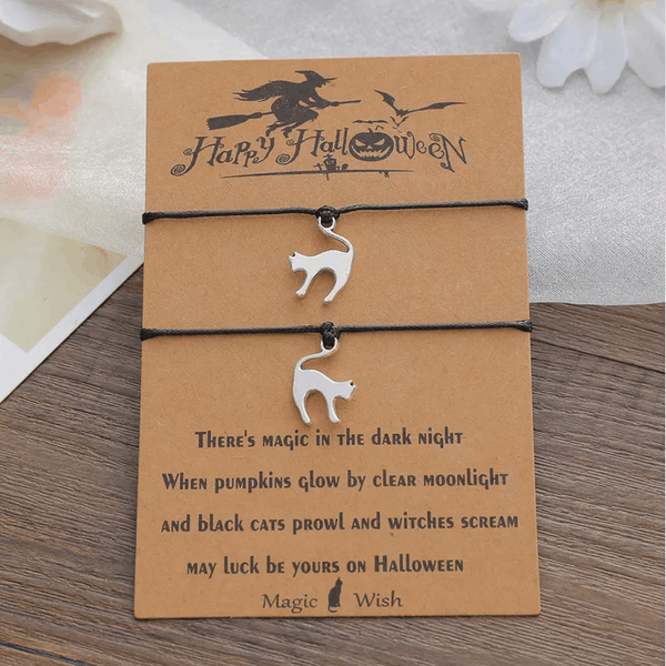 Adjustable Set of 2 'Halloween Cat' Friendship / Wish Bracelets with Presentation Card - Black