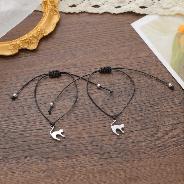 Adjustable Set of 2 'Halloween Cat' Friendship / Wish Bracelets with Presentation Card - Black