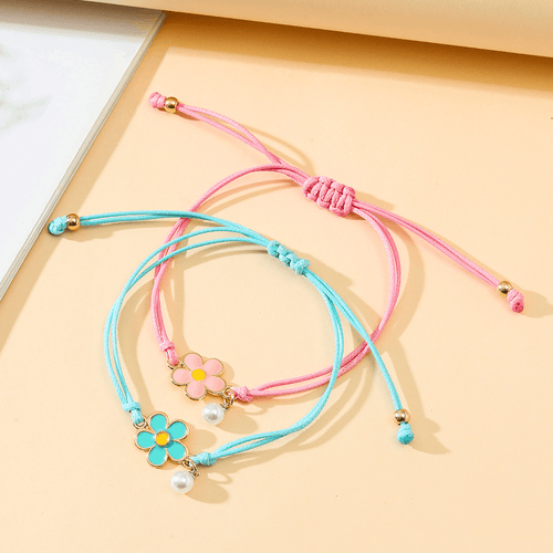 Children's 'Two Adjustable Flower Girl  Wish Bracelets/ Friendship Bracelets' with Presentation Card - Pink and Turquoise Blue