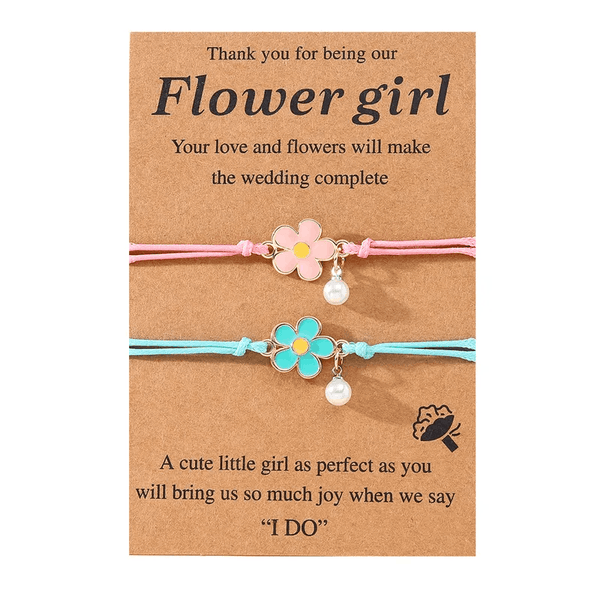 Children's 'Two Adjustable Flower Girl Wish Bracelets/ Friendship Bracelets' with Presentation Card - Pink and Turquoise Blue