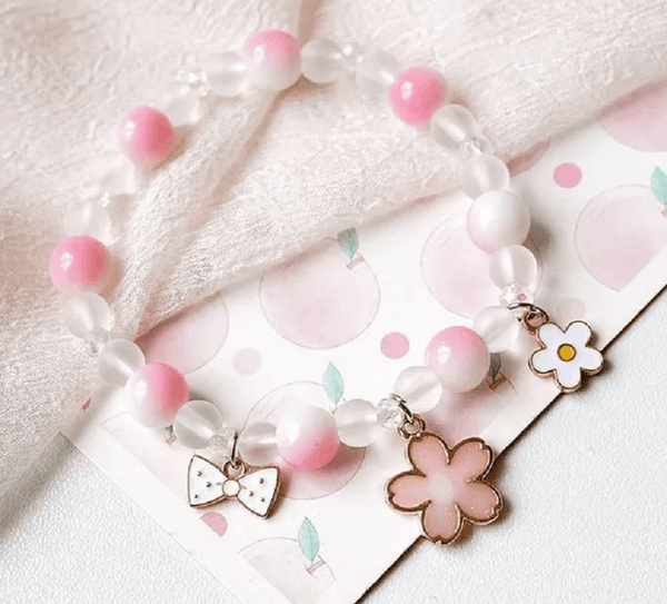 Children's 'Pink and White Glitter Flowers' Stretch Bead Bracelet