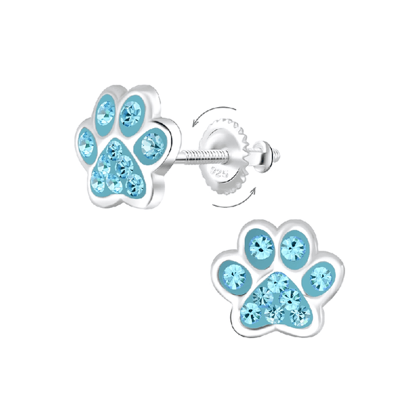 Children's Sterling Silver 'Aqua Blue Crystal Paw' Screw Back Stud Earrings