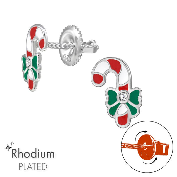 Children's Sterling Silver 'Christmas Candy Cane with Crystals' Screw Back Stud Earrings
