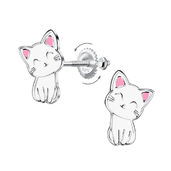 Children's Sterling Silver White Cat Screw Back Stud Earrings