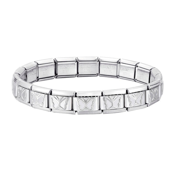 Stainless Steel 18 Link Shiny Italian Charm Starter Bracelet (BUTTERFLY Links)- Classic 9mm Size
