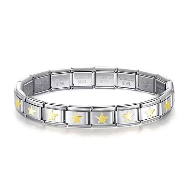 Stainless Steel 18 Link Shiny Italian Charm Starter Bracelet (GOLD STAR Links)- Classic 9mm Size