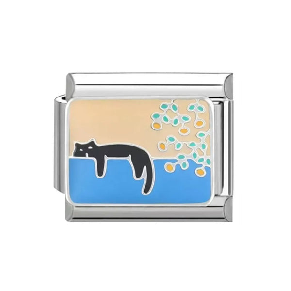 Stainless Steel 9mm Shiny 'Sleeping Cat' Link for Italian Charm Bracelet