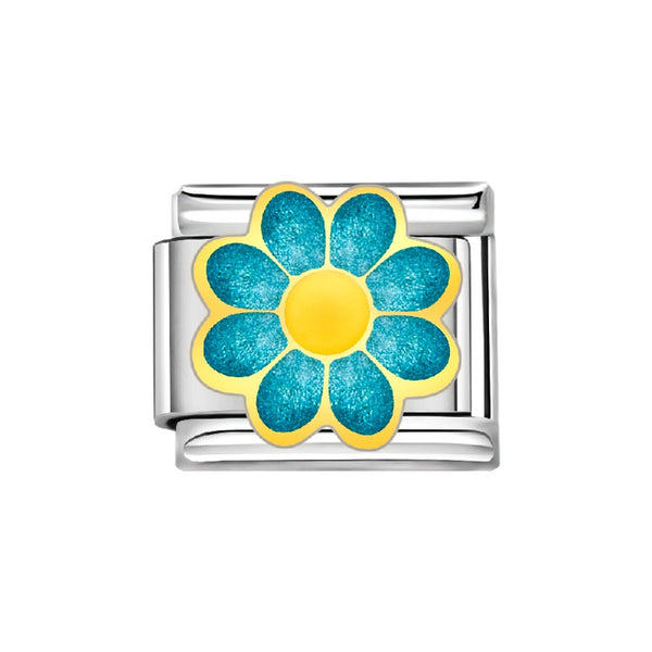 Stainless Steel 9mm Shiny Link with Blue Flower for Italian Charm Bracelet