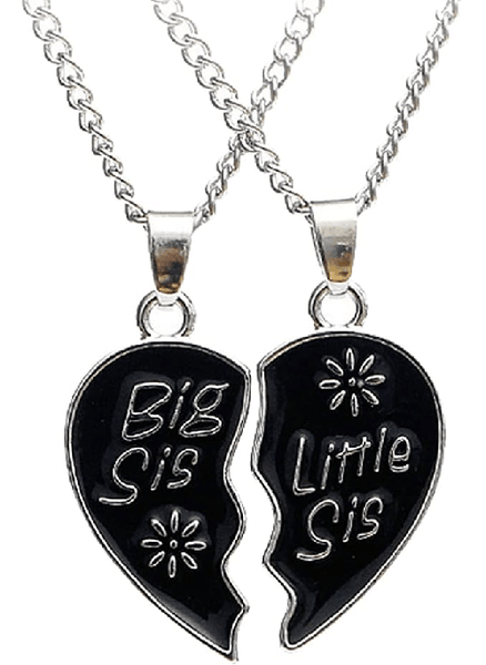 Children's Set of 2 Black 'Big Sis and Little Sis' Half Heart Pendant Necklaces