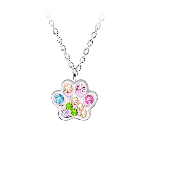 Children's Sterling Silver 'Multicoloured Crystal Paw' Pendant Necklace
