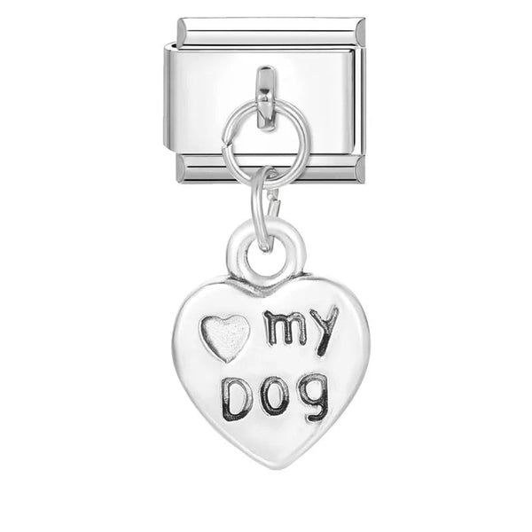 Stainless Steel 9mm Shiny Dangling 'Love My Dog' Link for Italian Charm Bracelet