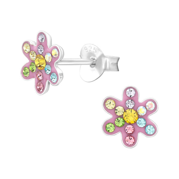 Children's Sterling Silver 'Pink and Multicoloured Crystal Flower' Stud Earrings