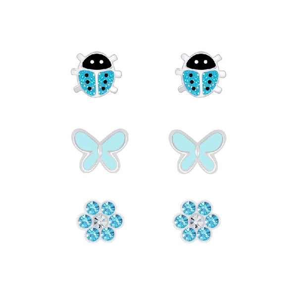 Children's Sterling Silver Set of 3 Pairs of Blue Themed Stud Earrings