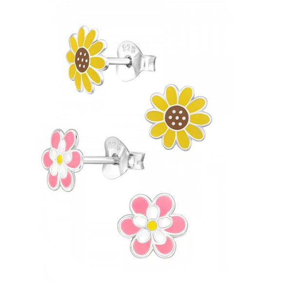Children's Sterling Silver Set of 2 Pairs of Flower Themed Stud Earrings