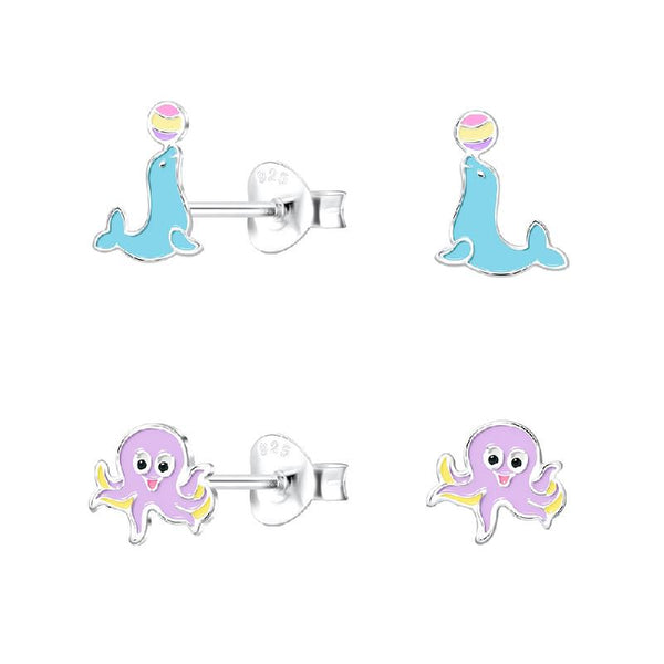 Children's Sterling Silver Set of 2 Pairs of Sealion and Octopus Stud Earrings