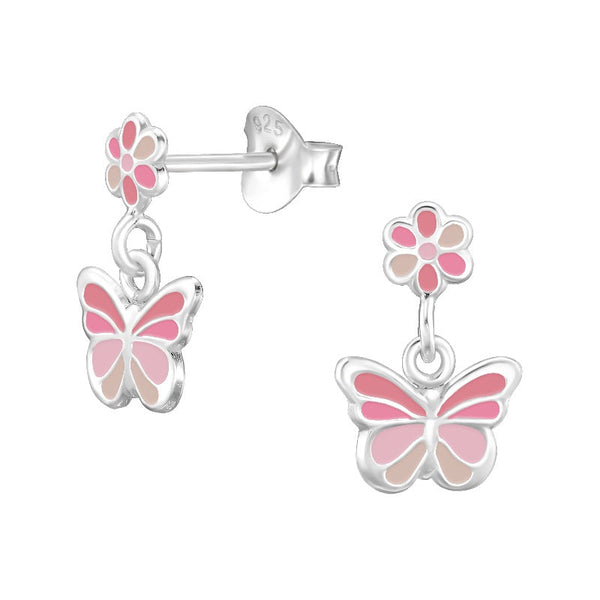 Children's Sterling Silver 'Pink Drop Butterfly' Stud Earrings
