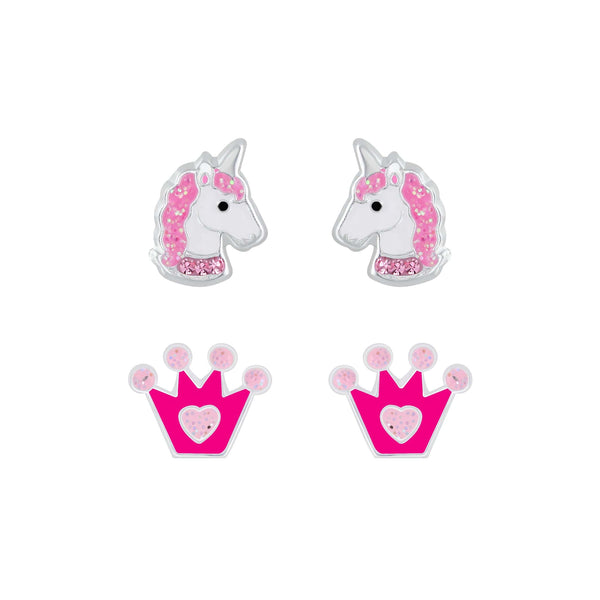 Children's Sterling Silver Set of 2 Pairs of Unicorn Themed Stud Earrings
