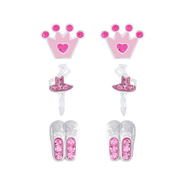 Children's Sterling Silver Set of 3 Pairs of Ballet Themed Stud Earrings