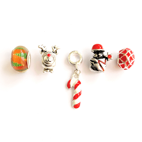 Set of 5 Silver Plated Red Christmas Themed Charms and Beads