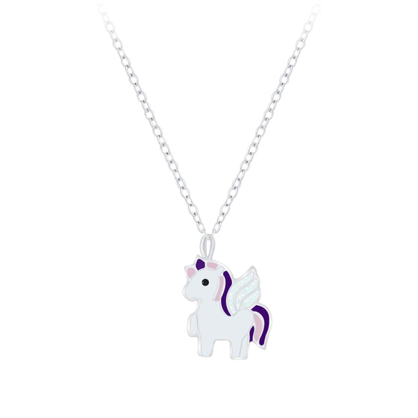 Children's Sterling Silver White and Purple Unicorn Pendant Necklace