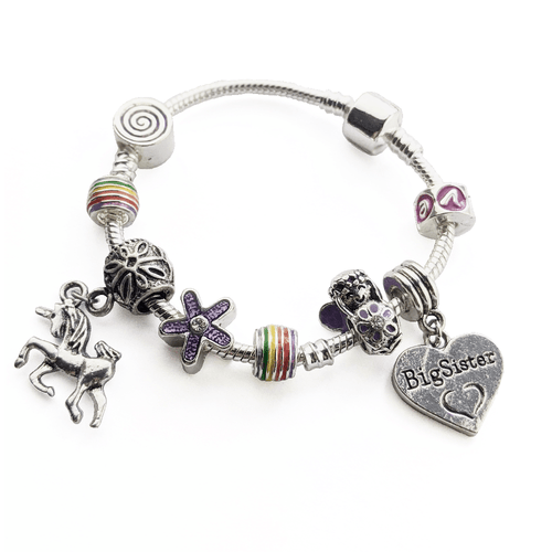 Children's Big Sister 'Unicorn Wishes and Fairy Kisses' Silver Plated Charm Bead Bracelet