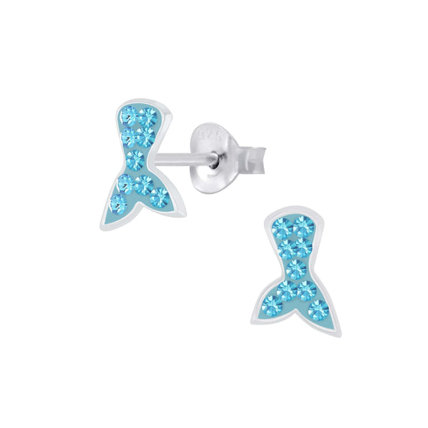 Children's Sterling Silver 'Aquamarine Blue Sparkle Mermaid Tail' Stud Earrings