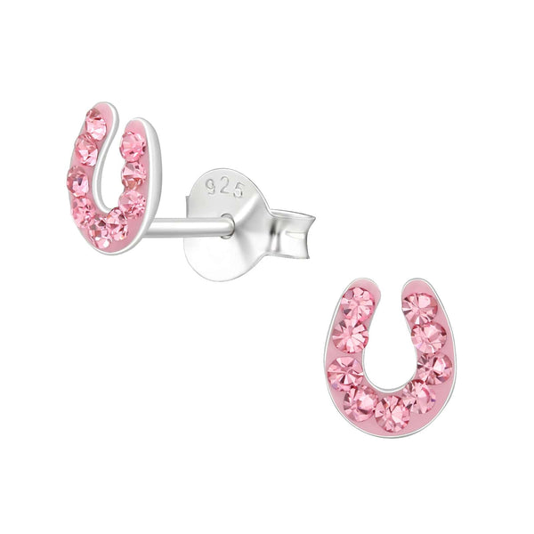 Children's Sterling Silver 'Pink Sparkle Horseshoe' Crystal Stud Earrings
